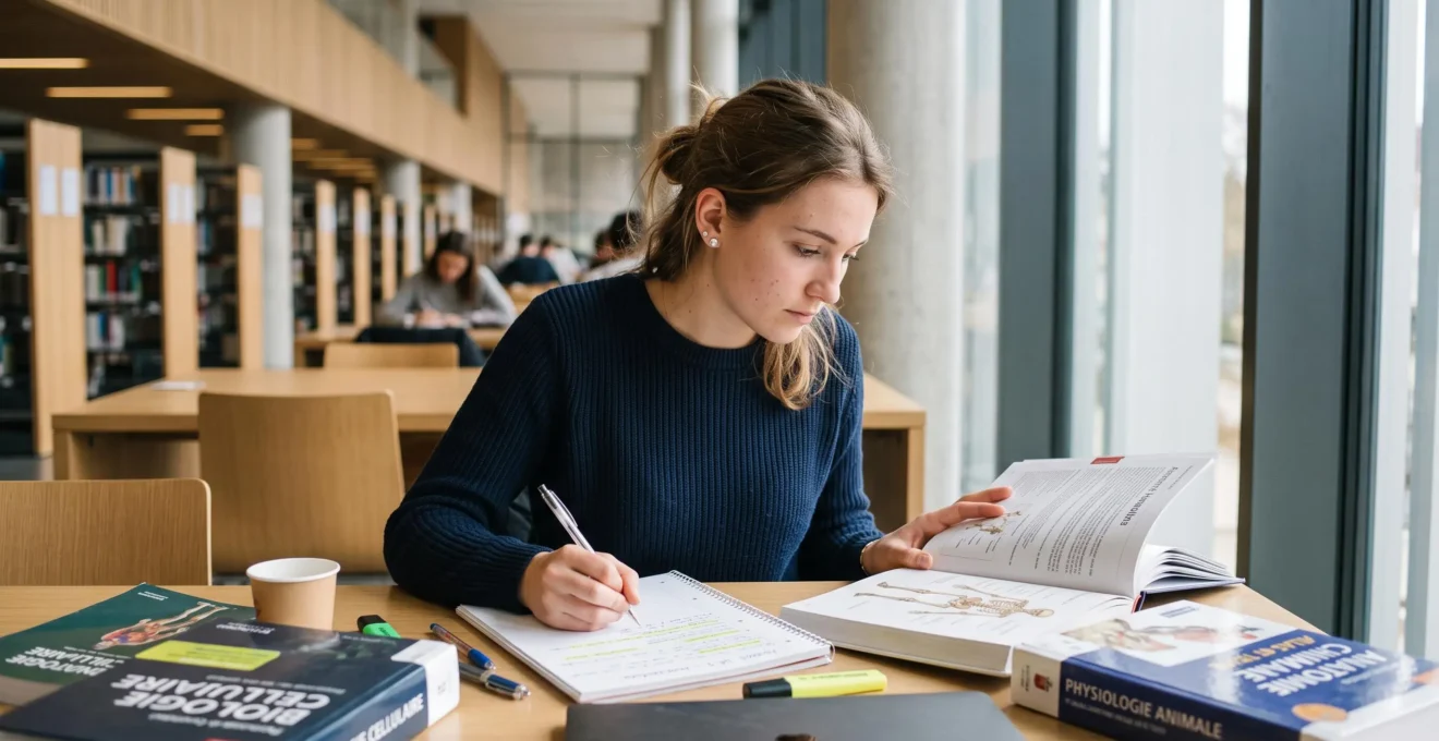 Étudiant en première année d'études de santé concentré sur ses fiches de révision dans une bibliothèque universitaire moderne, avec manuels médicaux ouverts sur la table