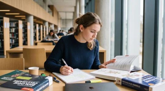 Étudiant en première année d'études de santé concentré sur ses fiches de révision dans une bibliothèque universitaire moderne, avec manuels médicaux ouverts sur la table