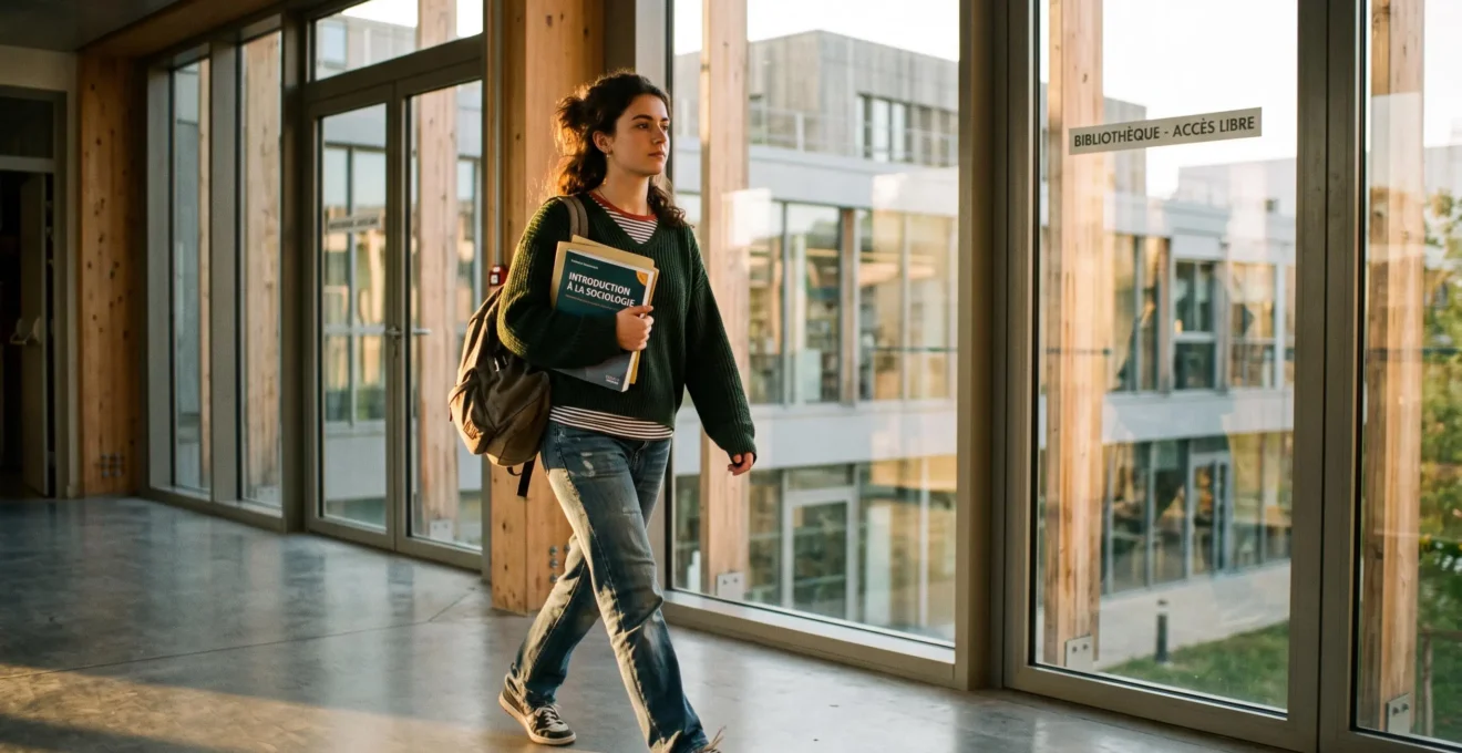 Étudiant universitaire marchant d'un pas confiant dans un hall moderne avec lumière naturelle, incarnant la motivation en première année d'études de santé