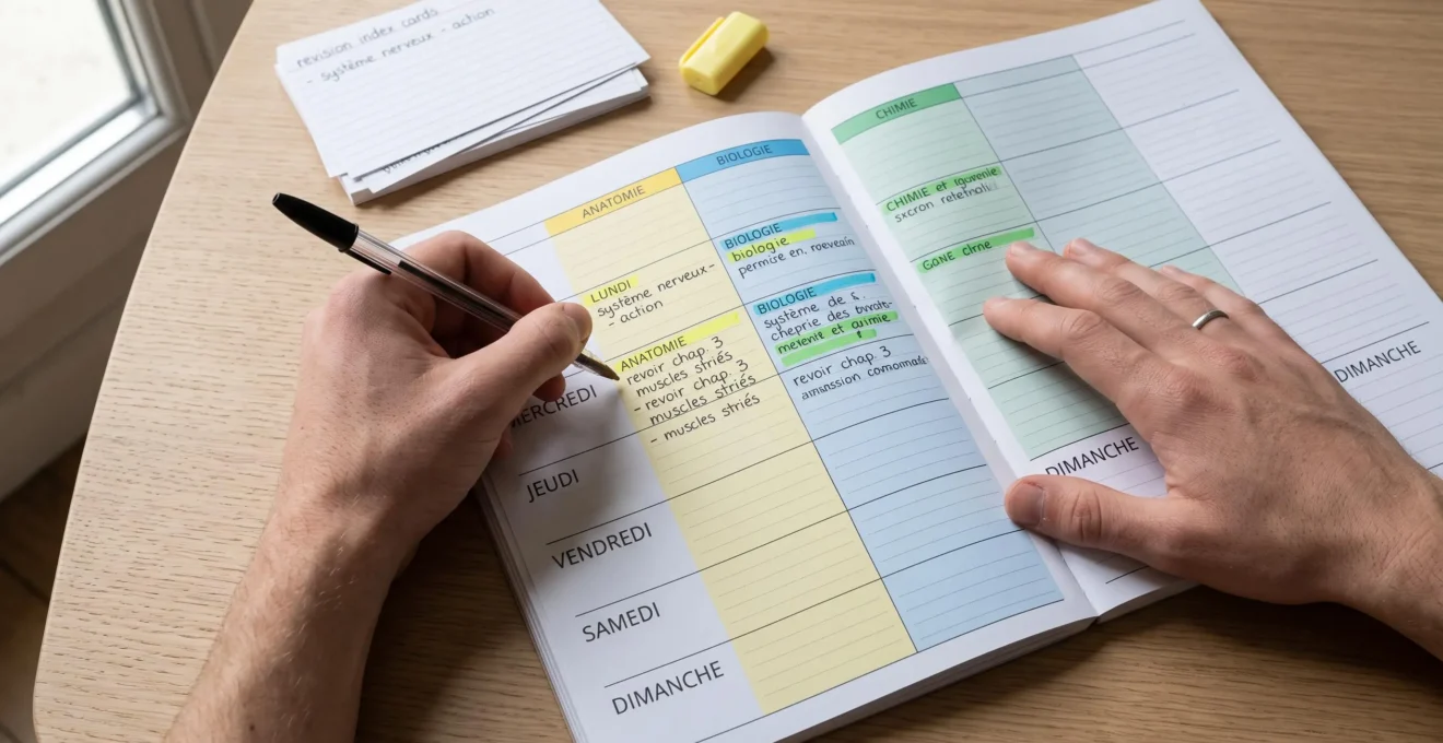 Mains d'étudiant en train de compléter un planning hebdomadaire papier avec codes couleur par matières pour organiser les révisions en première année de santé